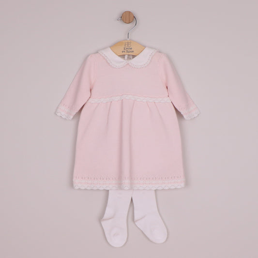 Emile et Rose Girls Millie Knit Dress, Crocheted Edges, Large Collar & Tights Pale Pink 8484PP – front