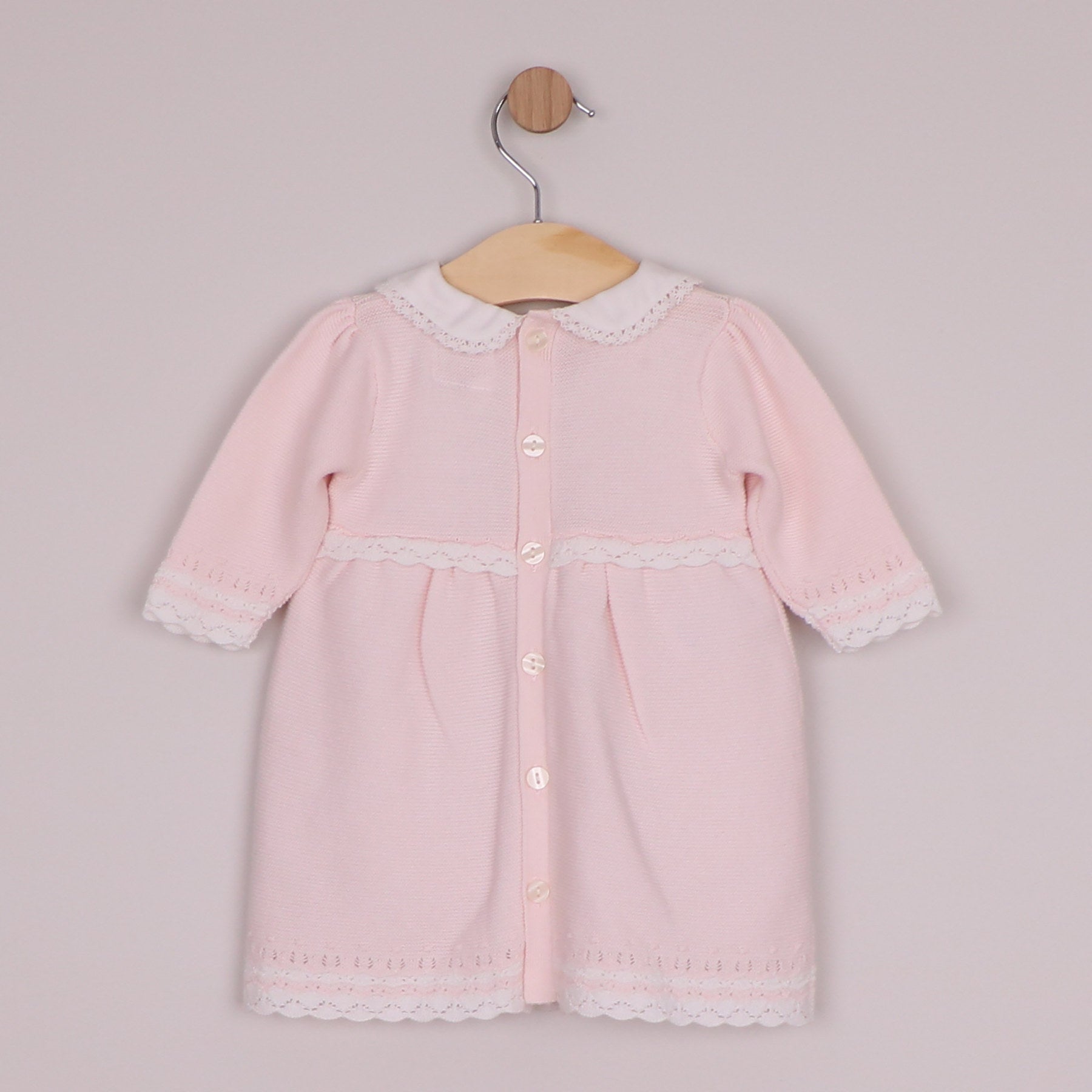 Emile et Rose Girls Millie Knit Dress, Crocheted Edges, Large Collar & Tights Pale Pink 8484PP – back