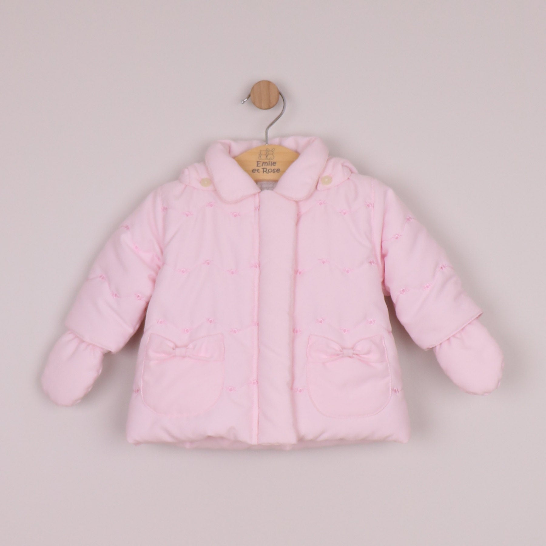 Emile et Rose Girls Carly Microfibre Jacket, Flower Embroidered Pockets & Mitts Pale Pink 9327PP – front