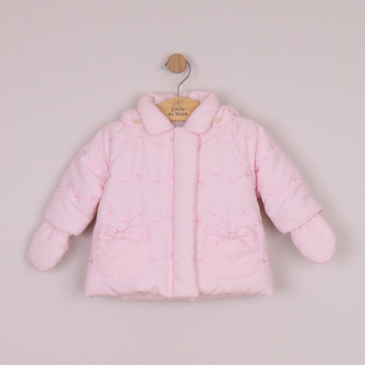 Emile et Rose Girls Carly Microfibre Jacket, Flower Embroidered Pockets & Mitts Pale Pink 9327PP – front