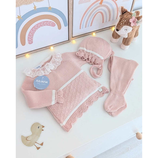Juliana Girls Knitted 3 Piece Baby Set with Openwork Diamond Pattern Pale Pink/Cream 26557 - image 1