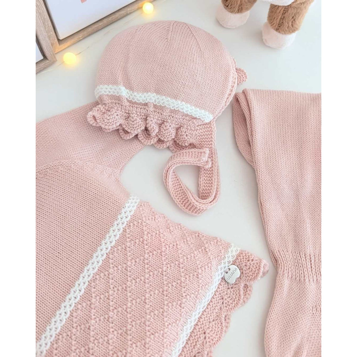 Juliana Girls Knitted 3 Piece Baby Set with Openwork Diamond Pattern Pale Pink/Cream 26557 - image 2