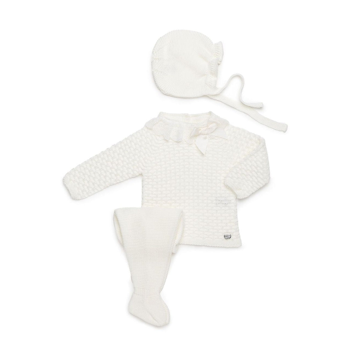 Juliana Girls Knitted 3 Piece Baby Set with Gathered Details and Lace Trimmed Collar Cream 26566 - image 1
