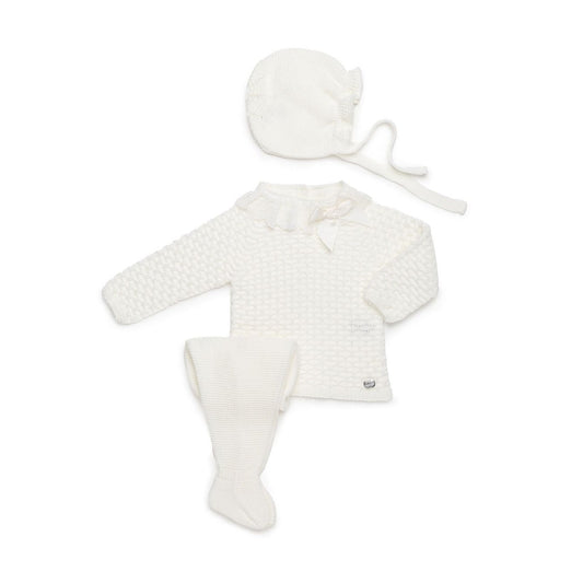Juliana Girls Knitted 3 Piece Baby Set with Gathered Details and Lace Trimmed Collar Cream 26566 - image 1