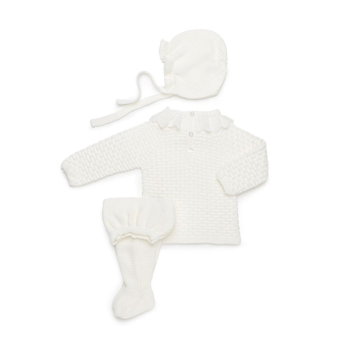 Juliana Girls Knitted 3 Piece Baby Set with Gathered Details and Lace Trimmed Collar Cream 26566 - image 2