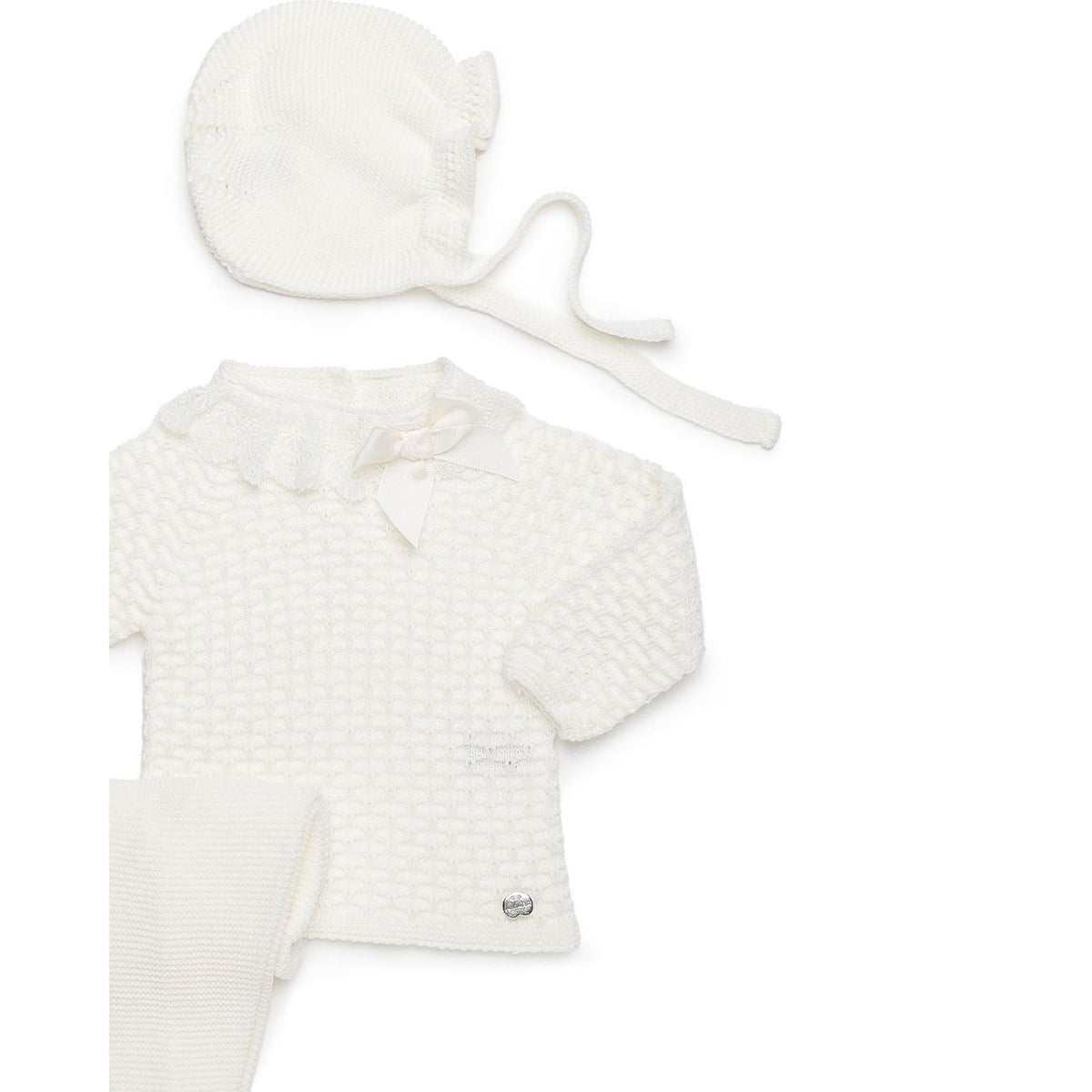 Juliana Girls Knitted 3 Piece Baby Set with Gathered Details and Lace Trimmed Collar Cream 26566 - image 3