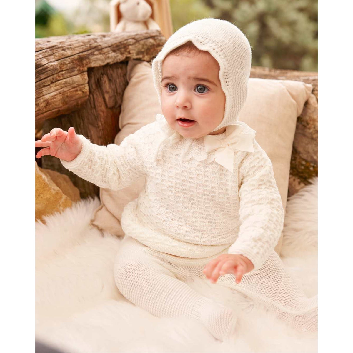 Juliana Girls Knitted 3 Piece Baby Set with Gathered Details and Lace Trimmed Collar Cream 26566 - image 4