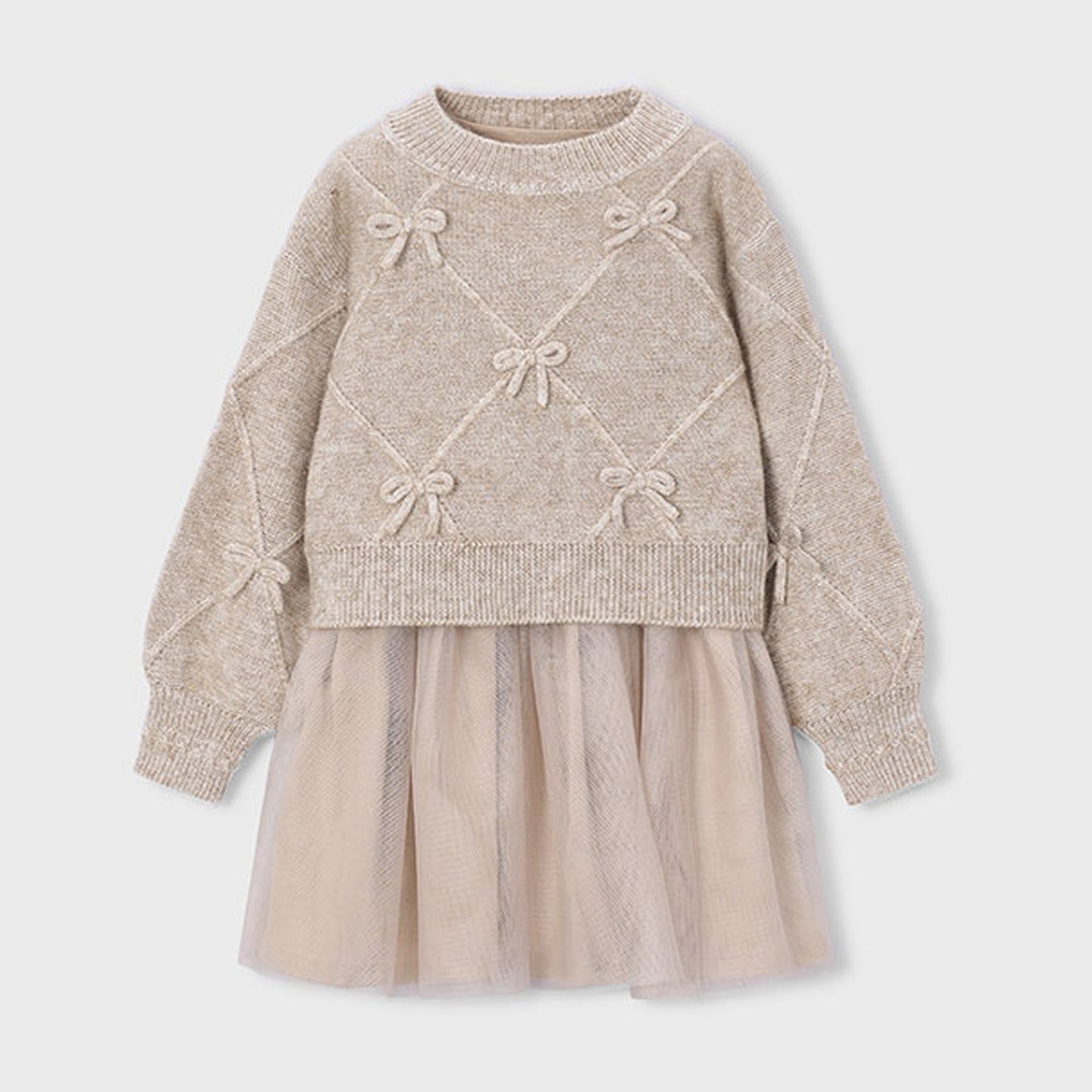 Mayoral Knit Dress With Bows Beige Vigo 4927 – front