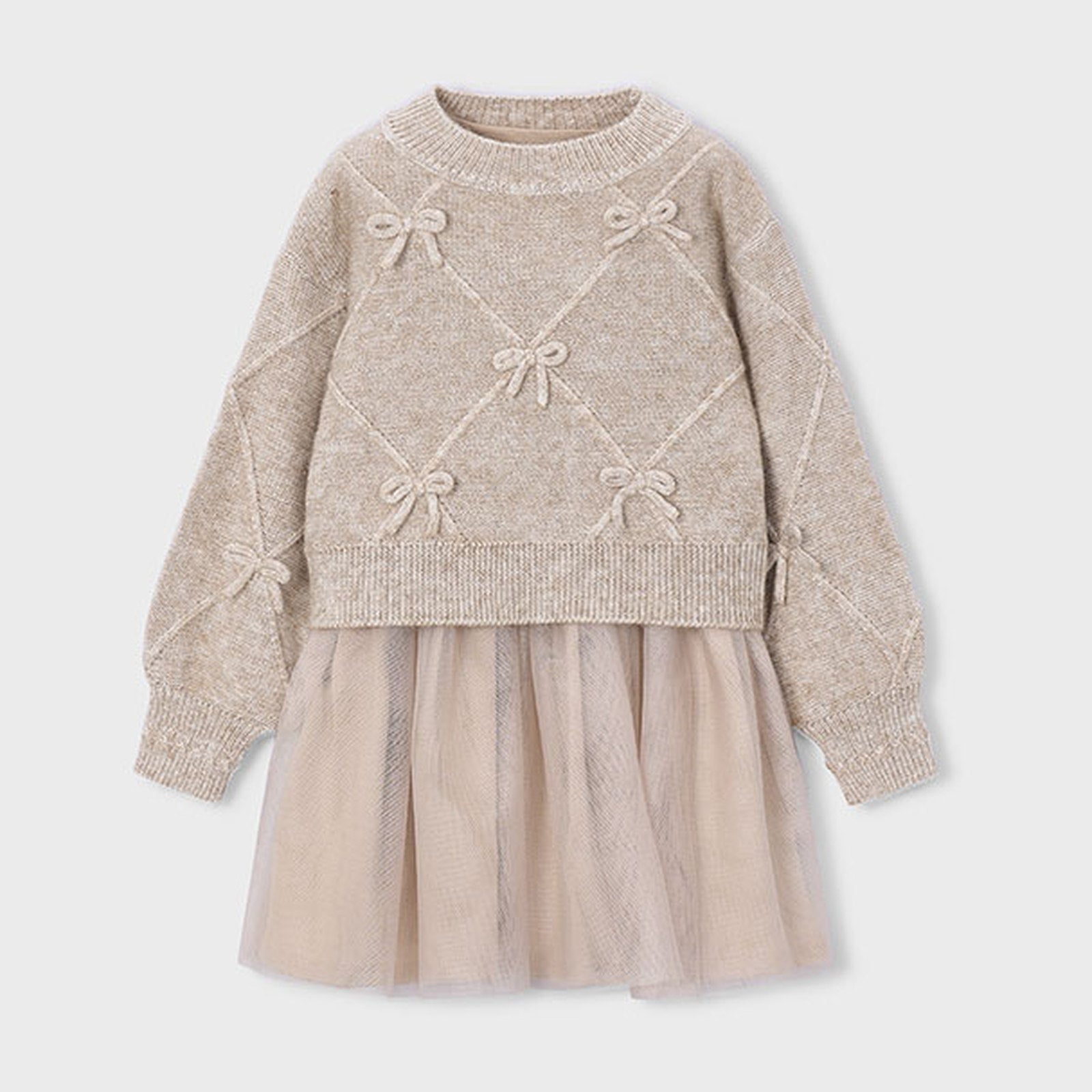 Mayoral Knit Dress With Bows Beige Vigo 4927 – front
