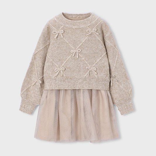 Mayoral Knit Dress With Bows Beige Vigo 4927 – front