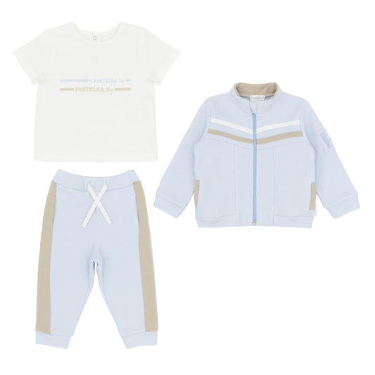 Pastels & Co Boys Philip 3 Piece Zip Jogger Set Blue/Beige PA-10-06A – front view