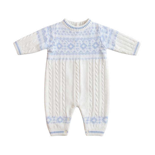 Sarah Louise Boys Winter Knitted Ivory/Blue All In One Romper 008268 - front