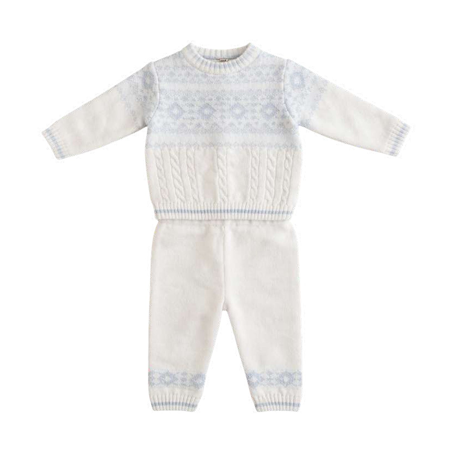 Sarah Louise Boys Winter Knitted Ivory/Blue Two Piece Jumper and Trouser Set 008270 - front