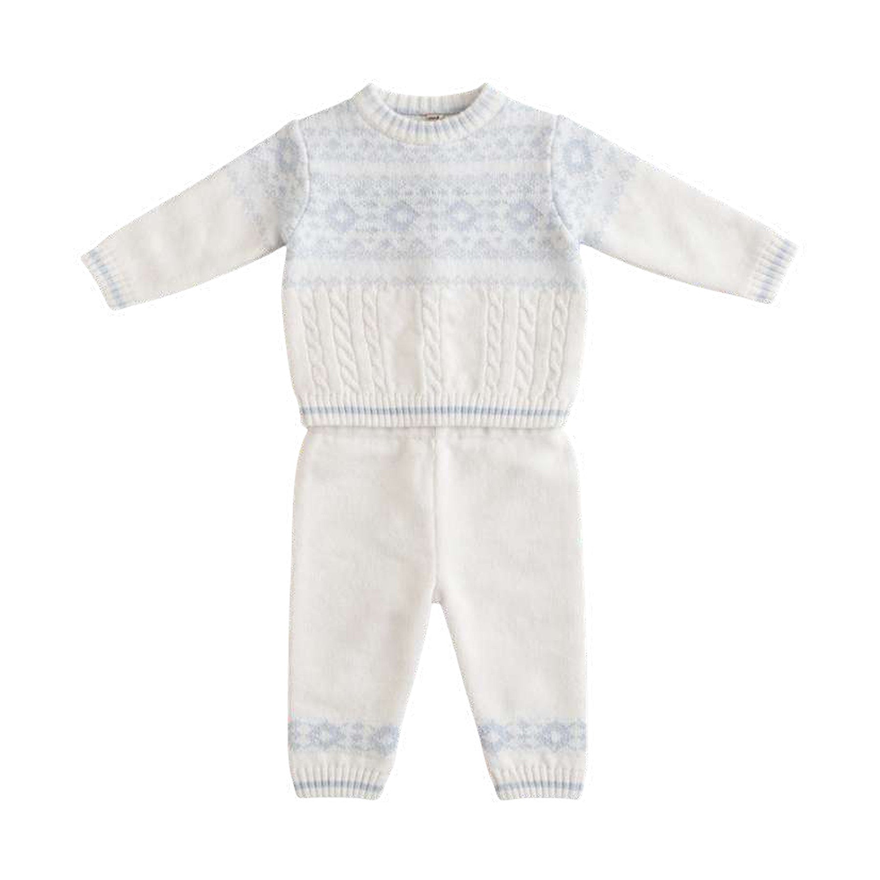 Sarah Louise Boys Winter Knitted Ivory/Blue Two Piece Jumper and Trouser Set 008270 - front