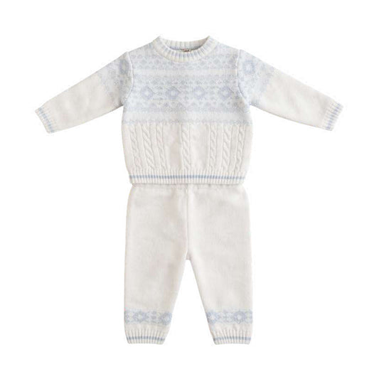 Sarah Louise Boys Winter Knitted Ivory/Blue Two Piece Jumper and Trouser Set 008270 - front